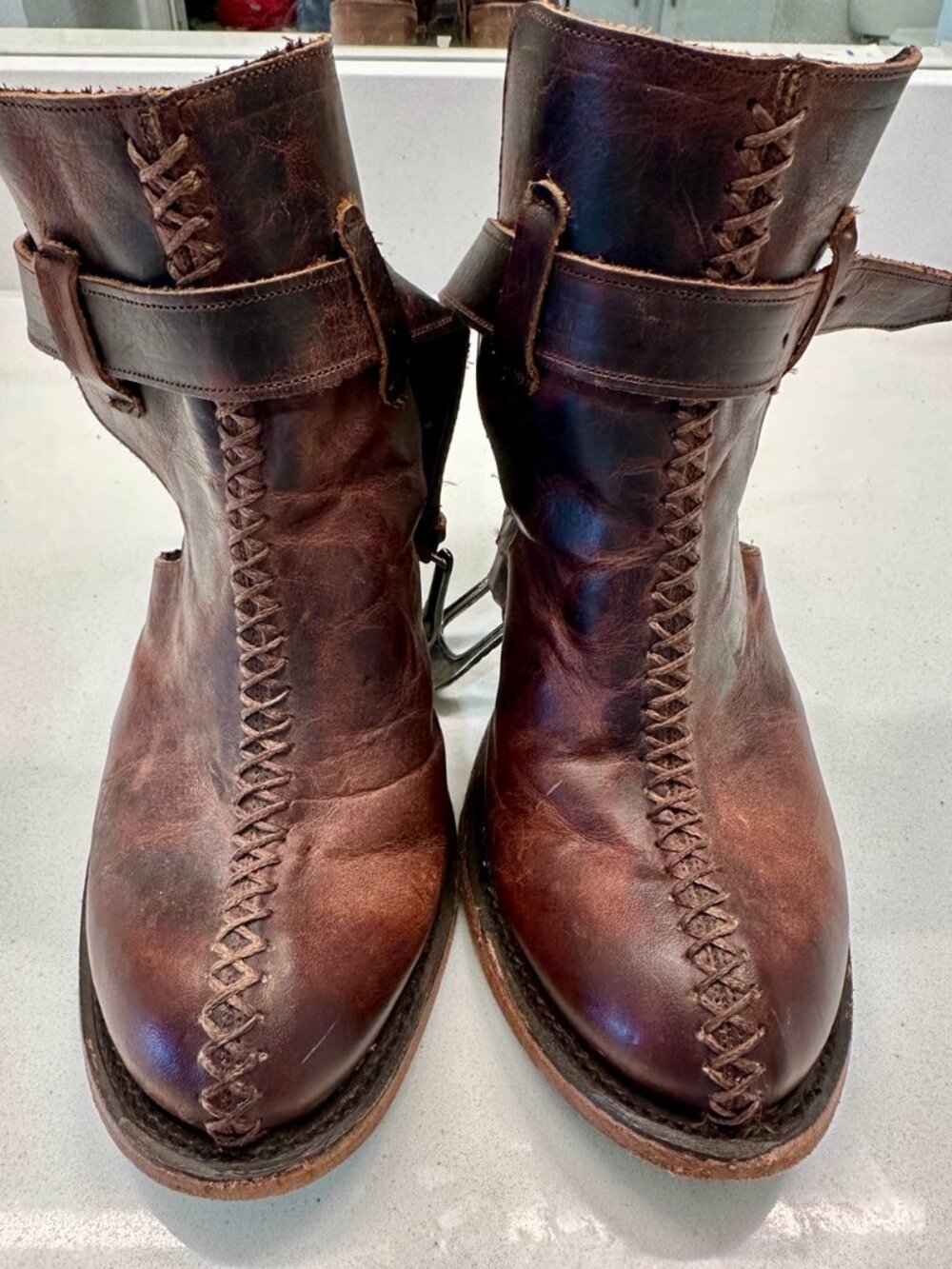 Lane LB0442 Womens 8 Brown Leather Western Booties Harness Whipstitch Mexico